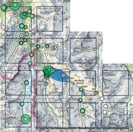 Fledermausnachweise im Einzugsgebiet des Averser Rheins (grüne Kreise)